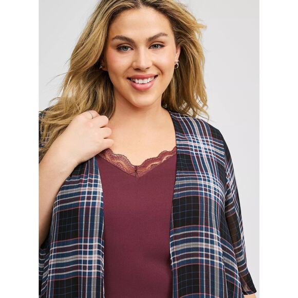 Torrid Memory Plaid Shirttail Kimono Lightweight Sheer Blue Beige Wine 1 1X - Picture 4 of 9